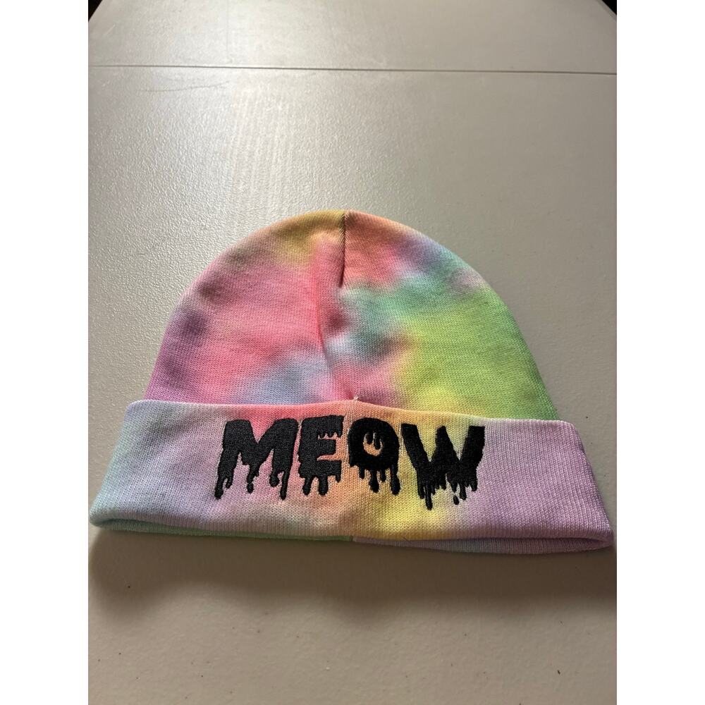Tie Dye Meow Beanie Hat Pastel Rainbow Cat Goth Grunge One Size Knit Cap
